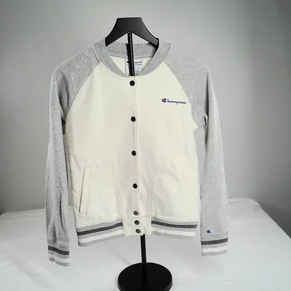 Champion Varsity Jacket Women’s Small Cream Gray Snap Button Raglan Fleece - Picture 1 of 5